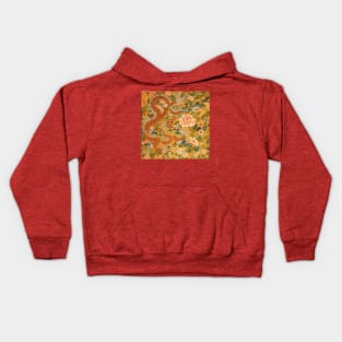 DRAGON AMONG PEONIES ,FLOWERS .GREEN LEAVES Floral Chinese Embroidery in Gold Yellow Kids Hoodie